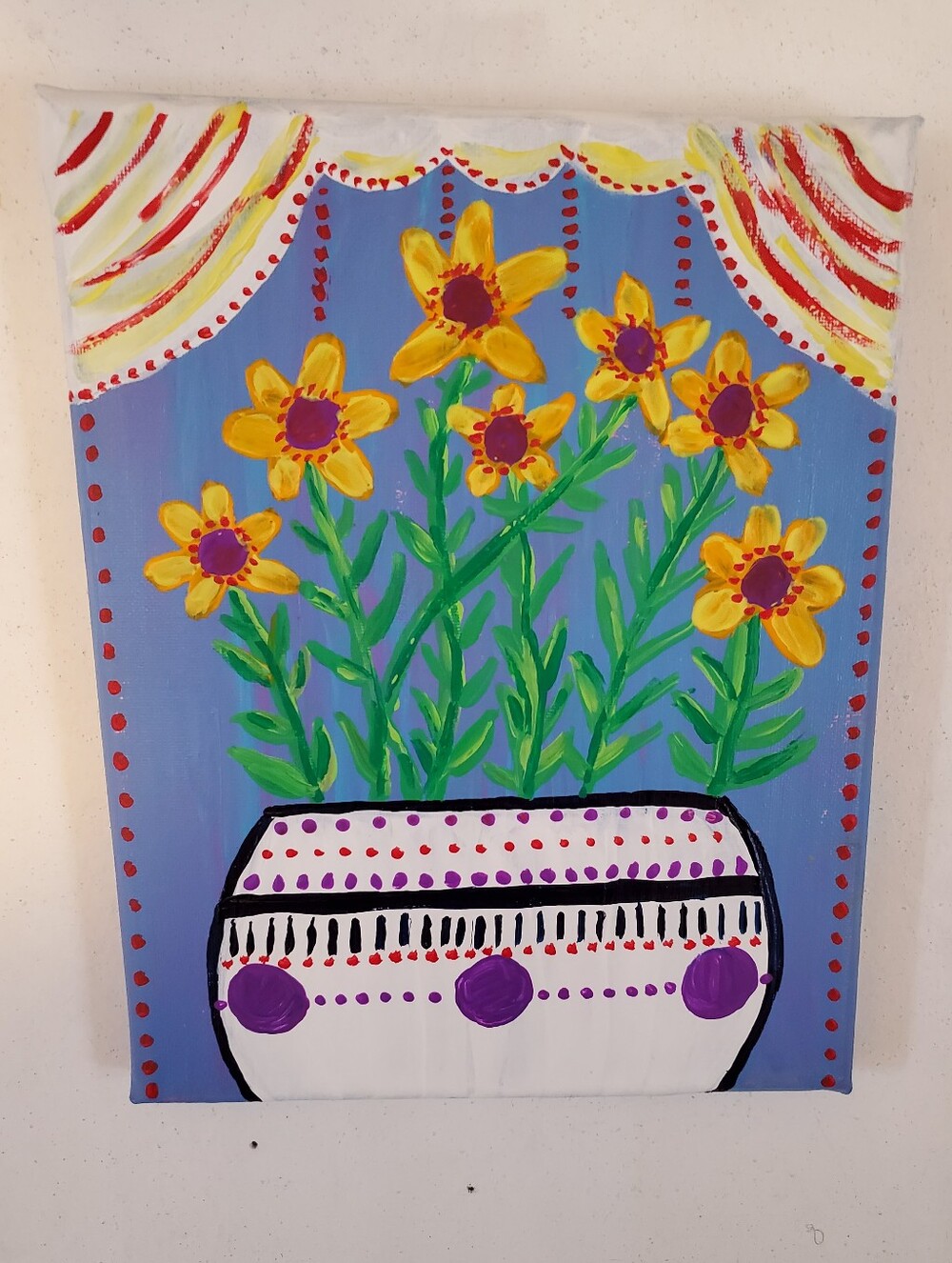 Original Handmade Folk Art Painting Curtain Flower Bouquet Canvas Wall Decor Art